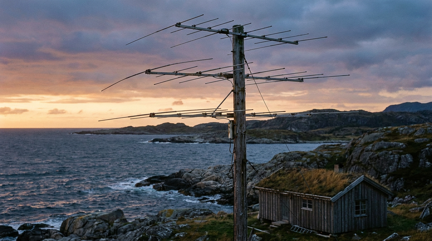 Horisontellt polariserad Yagi-antenn för amatörradio i Skåne riktad mot havet under kvällsinversion